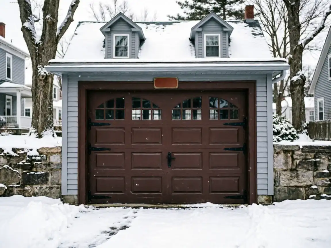 A brown garage door with windows is on a snow-covered house.