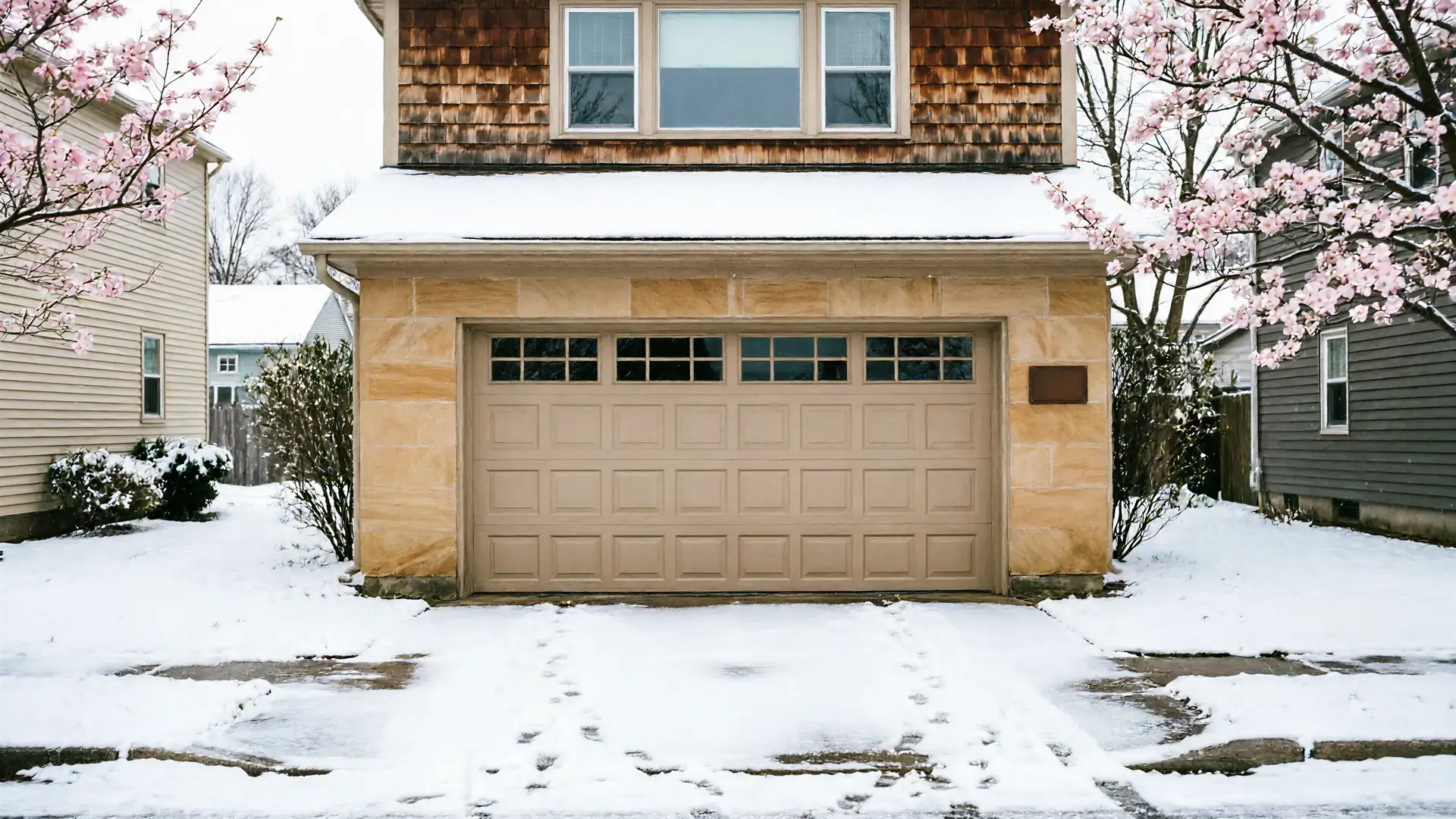 A tan garage door with windows is on a house with snow on the ground.
