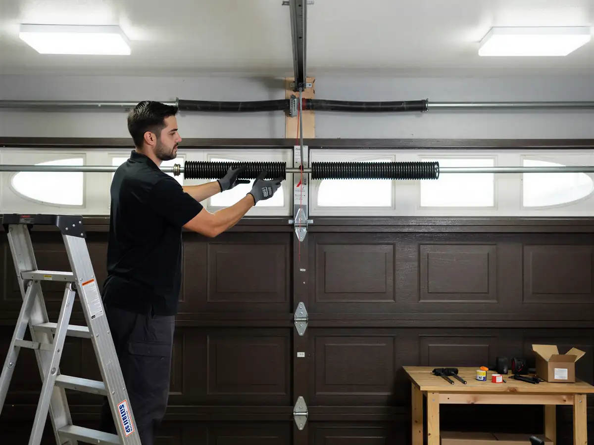 A technician installs a torsion spring on a brown garage door.